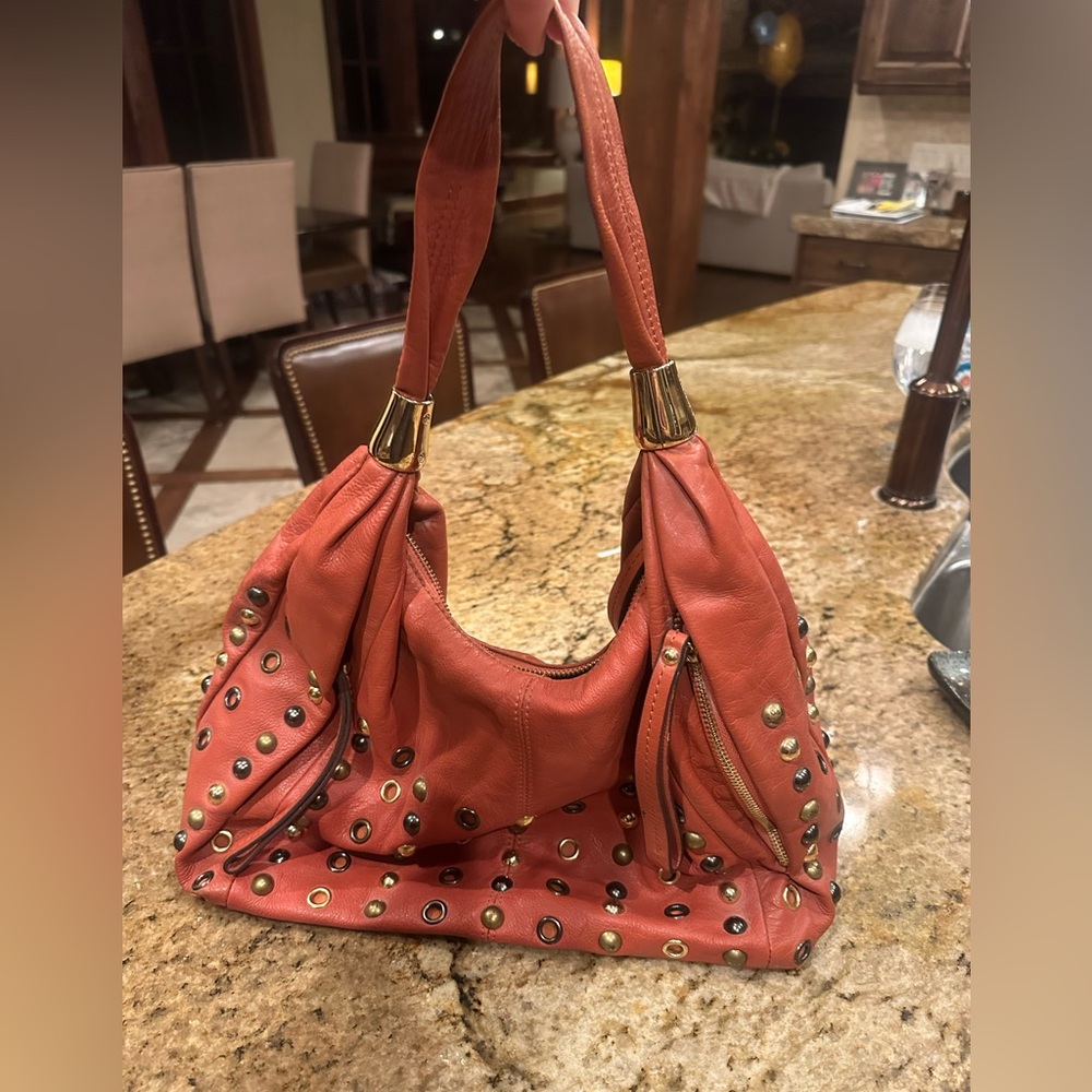 B Makowsky Studded Leather Hobo Bag - Orange